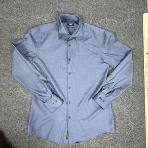 BOSS Shirt Mens 16 Large Blue Slim Fit Finest Italian Fabric Dress Made in Italy